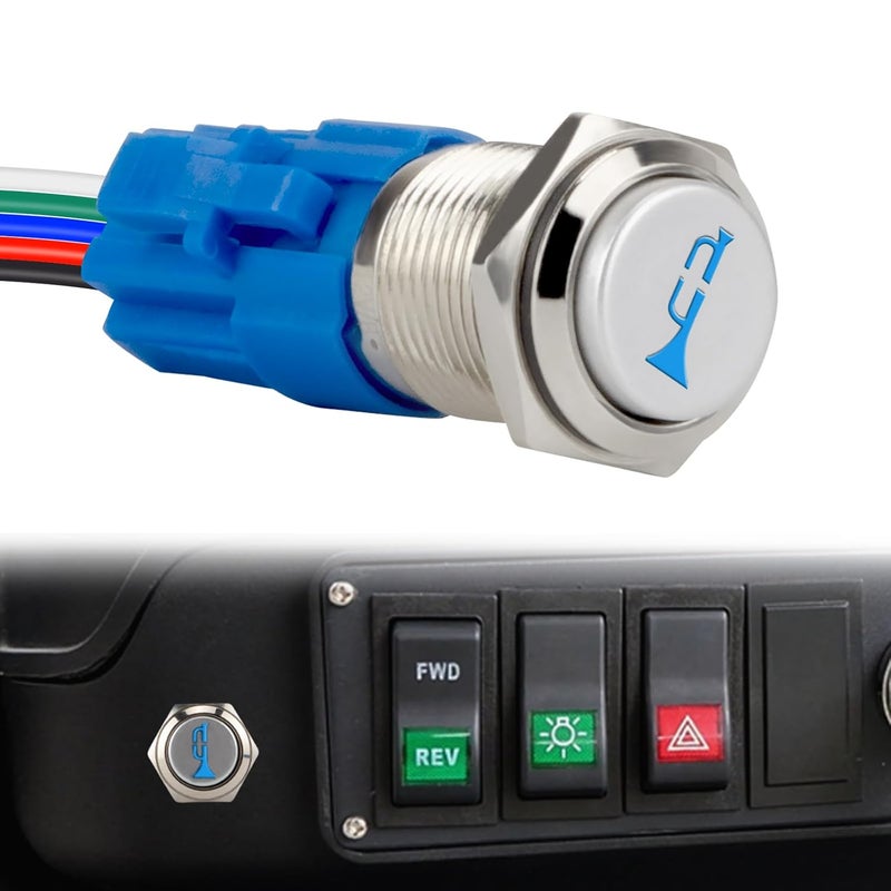 BFXM Horn Button 12v, 16MM Raised Speaker Momentary Push Button Switch, 5/8" Mounting Hole Horn Switchs for Automotive Car Boat Train, Blue LED Light Silver Stainless Steel Shell - Image 1